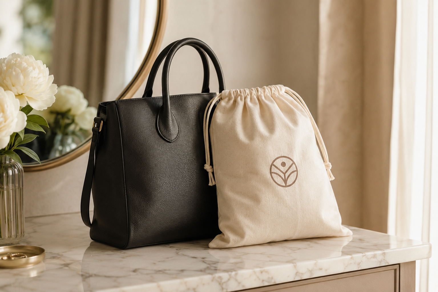 Custom printed cotton dust bag protecting a designer handbag on a shelf