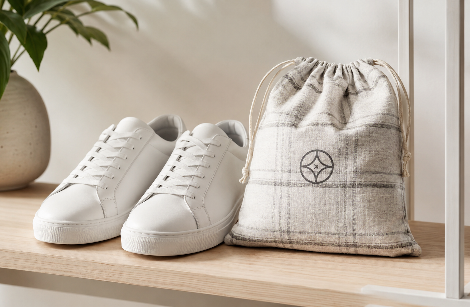 Screen-printed dust bag paired with a shoe box for a footwear brand