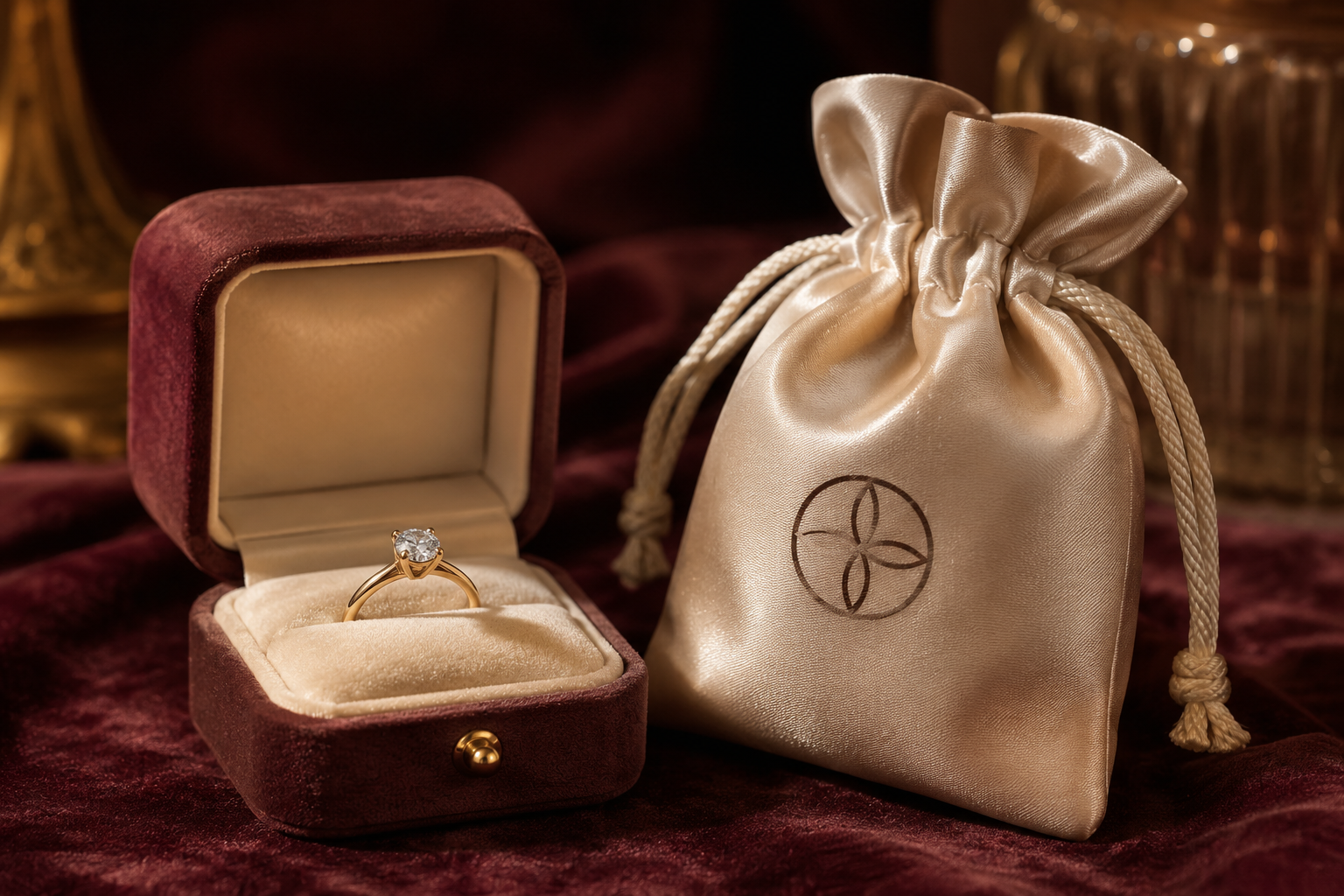 Small felt dust bag with a jewelry box on a boutique counter