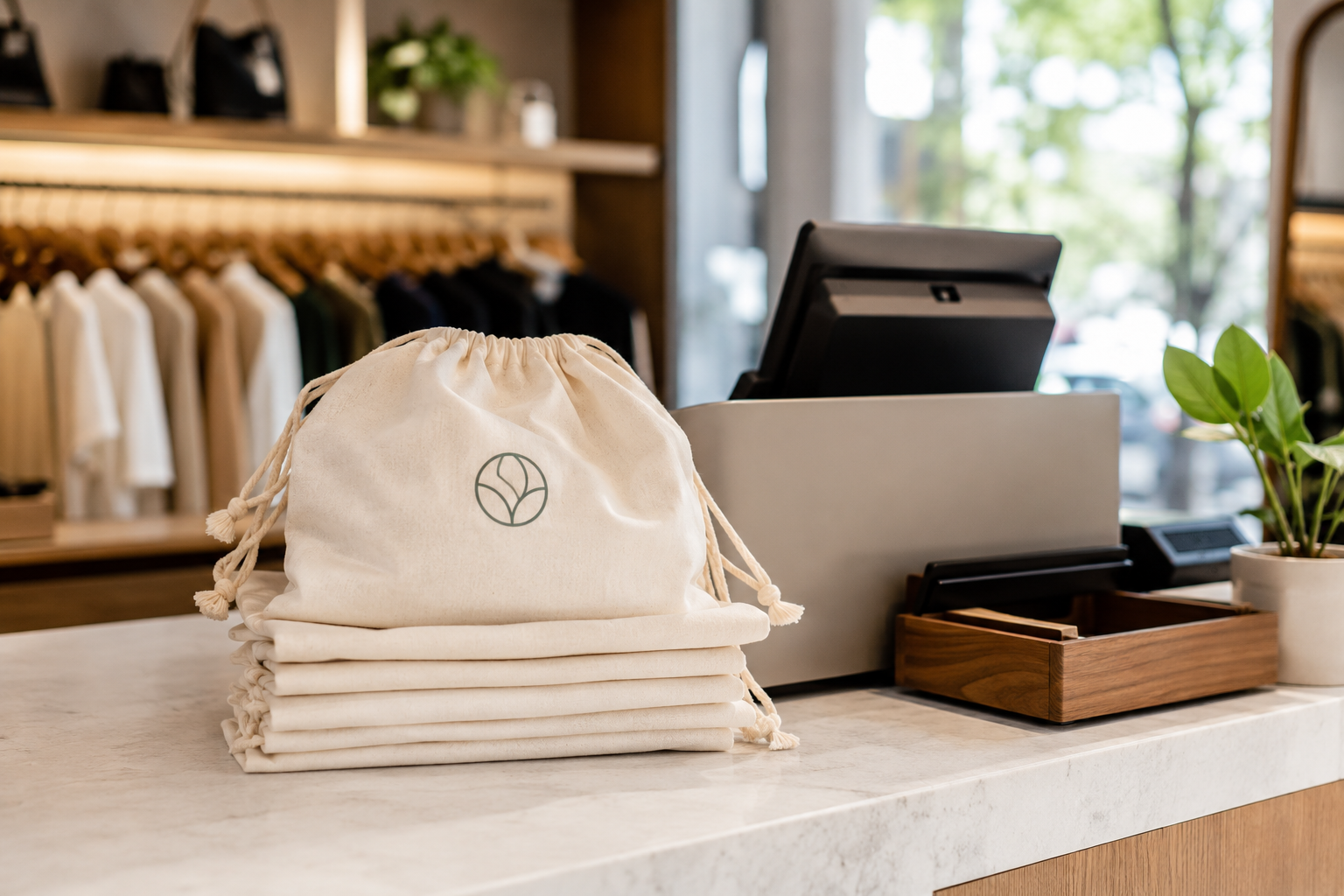Branded dust bags stacked at a boutique retail checkout counter