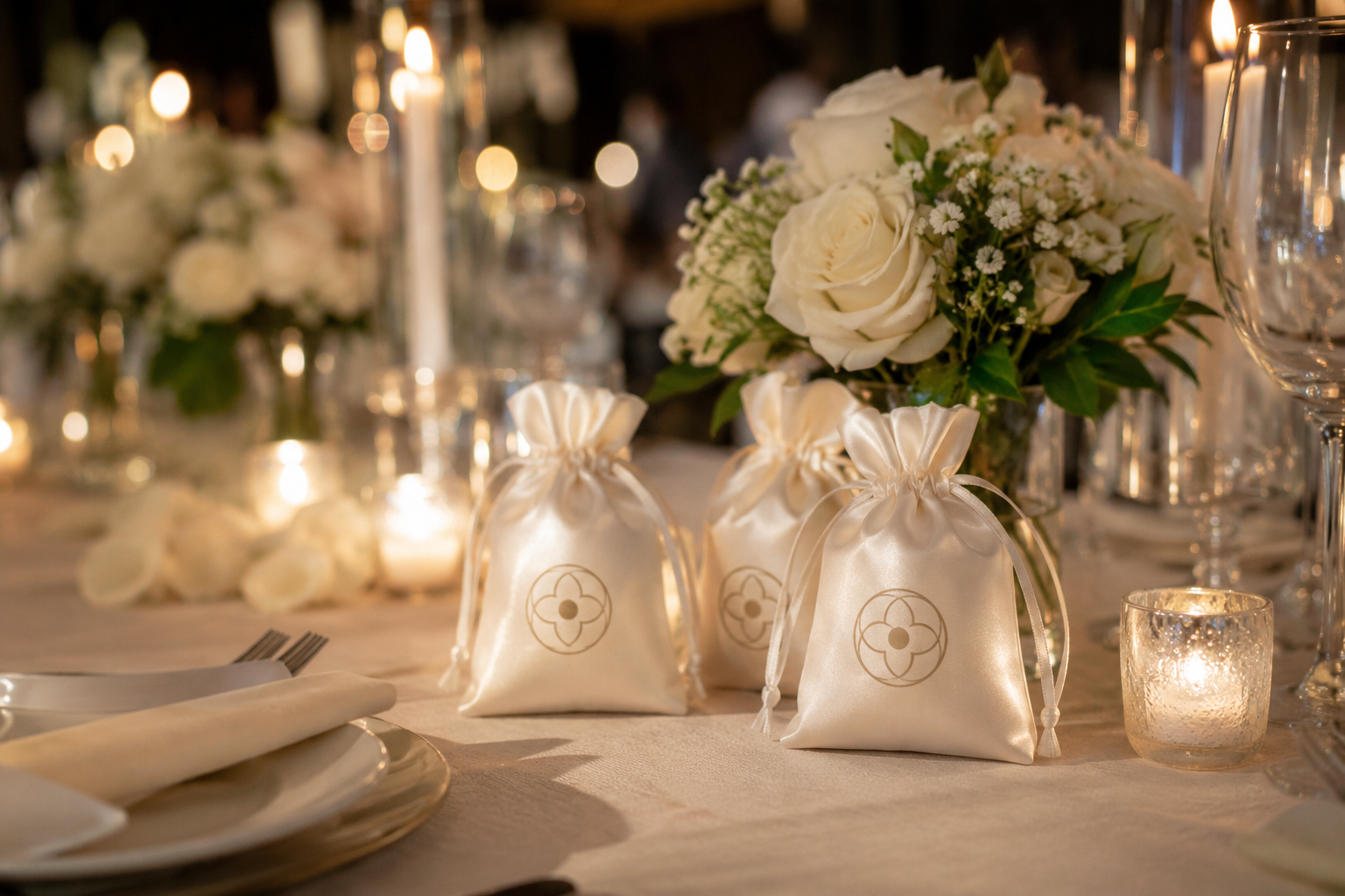 Satin dust bags used as wedding favor packaging on a reception table