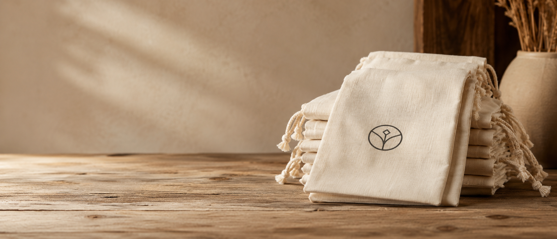 Stack of custom printed cotton drawstring dust bags for a handbag brand