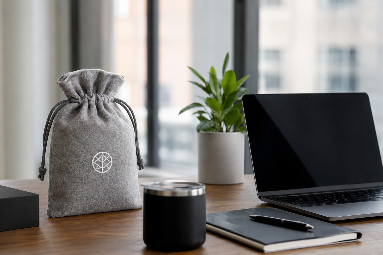 Corporate gift box packed inside a custom printed dust bag
